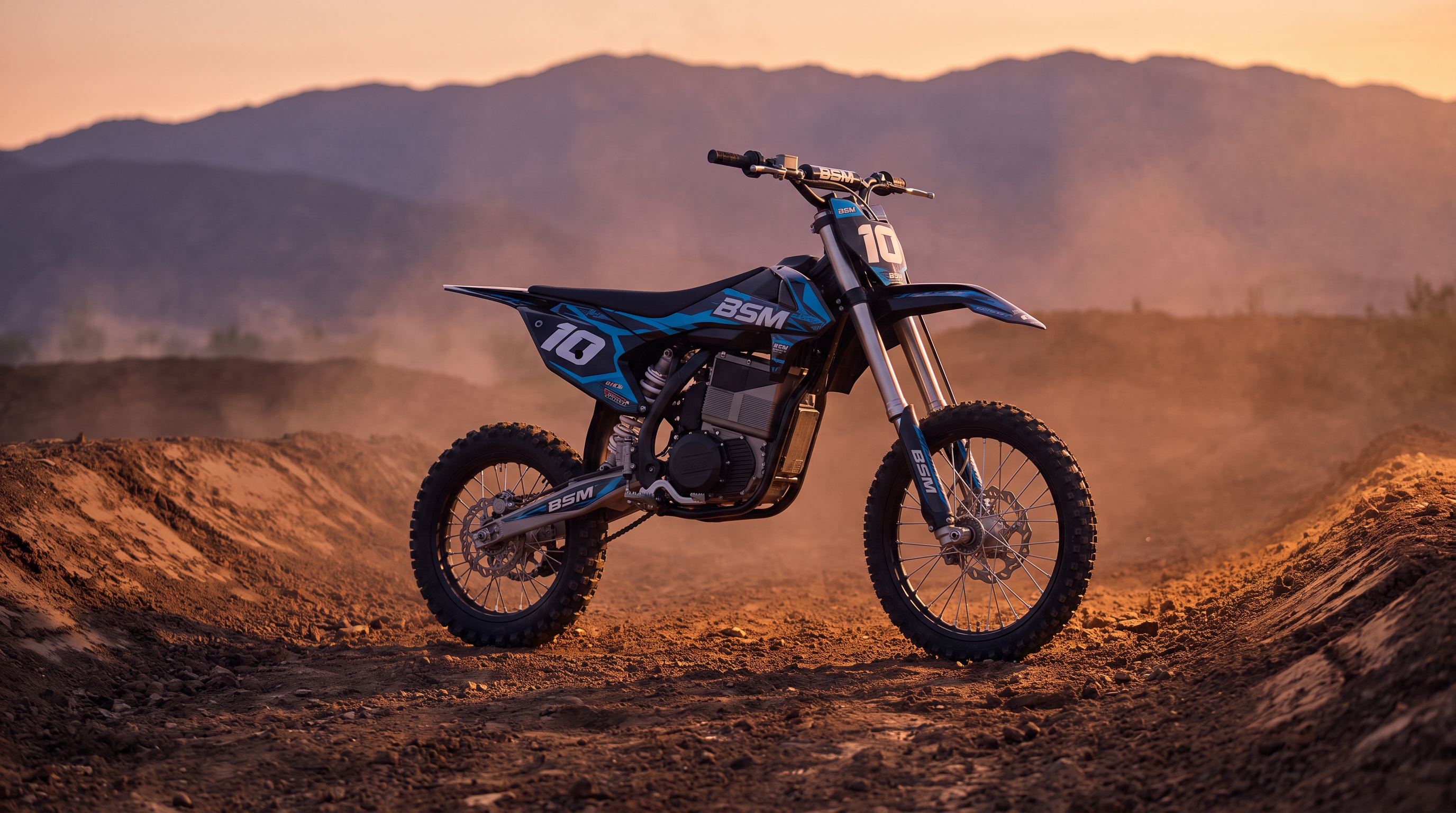 Illustrative blue-and-black BSM 10 electric off-road dirt bike on a motocross track with dirt berms and dust