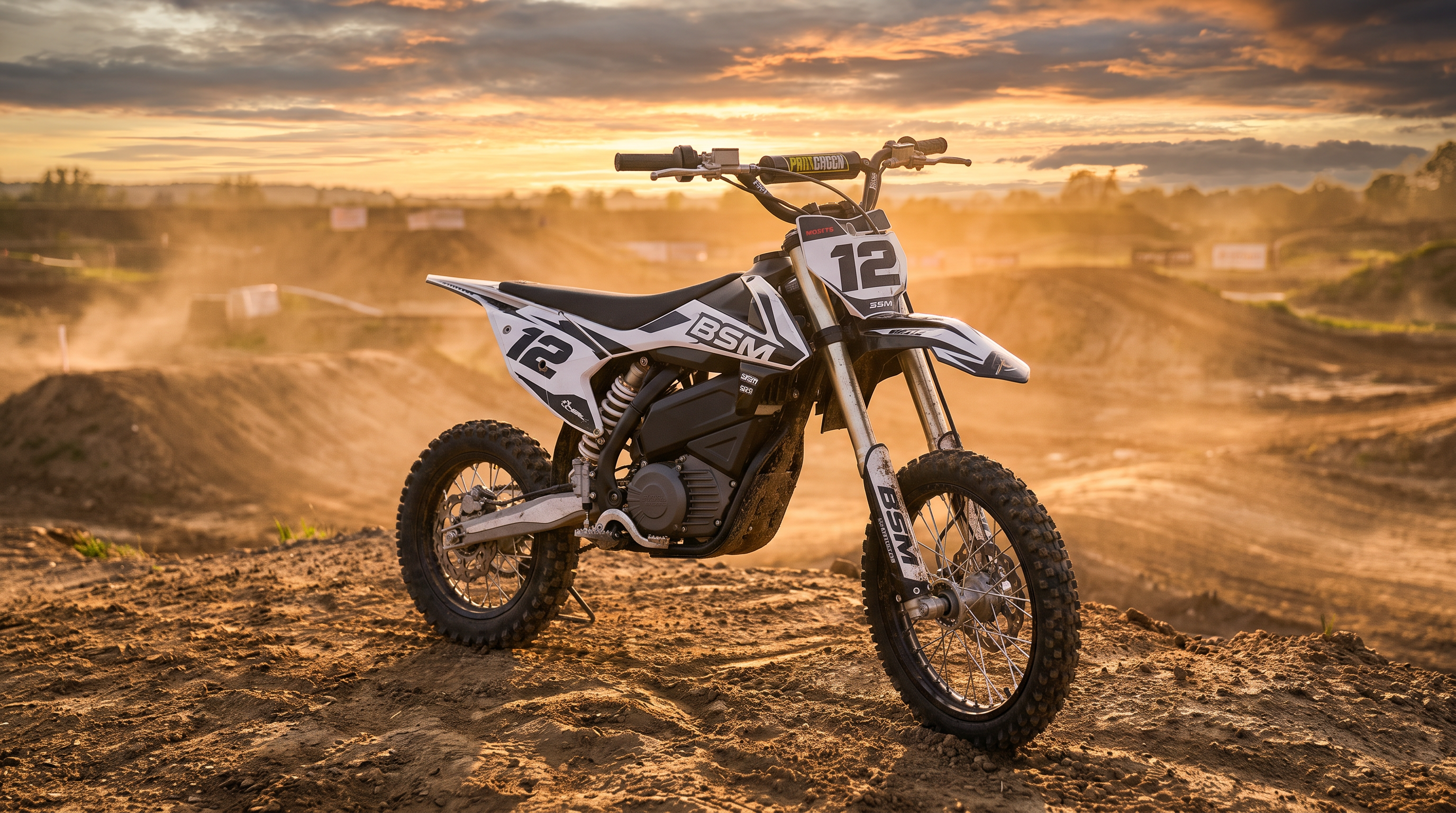 Illustrative white-and-black BSM 12 electric off-road dirt bike on a motocross track with ruts and jumps